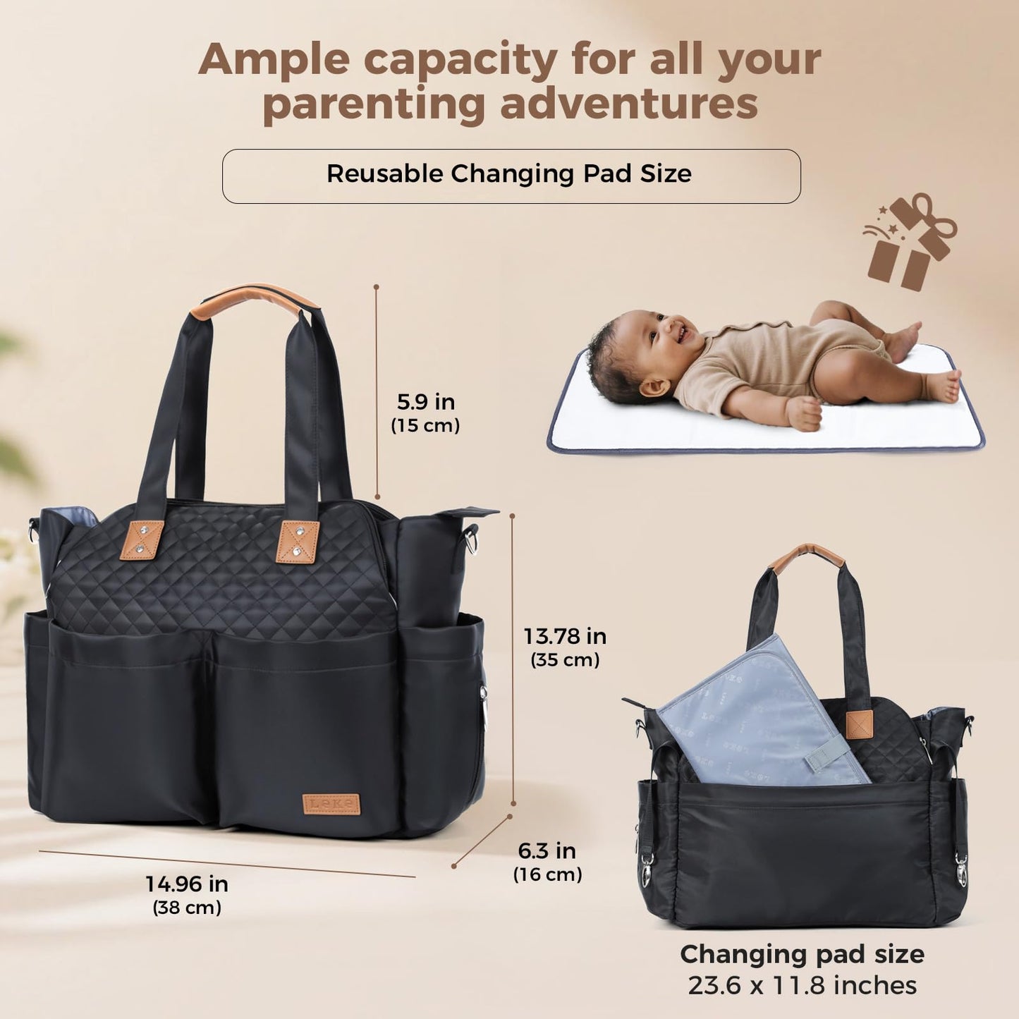 Lekebaby Diaper Bag Tote, 17 Pockets Large Travel Diaper Tote Waterproof with Portable Changing Pad, Mom Crossbody Hospital Bag for Labor Delivery, Baby Essentials for Newborn Gifts, Grey