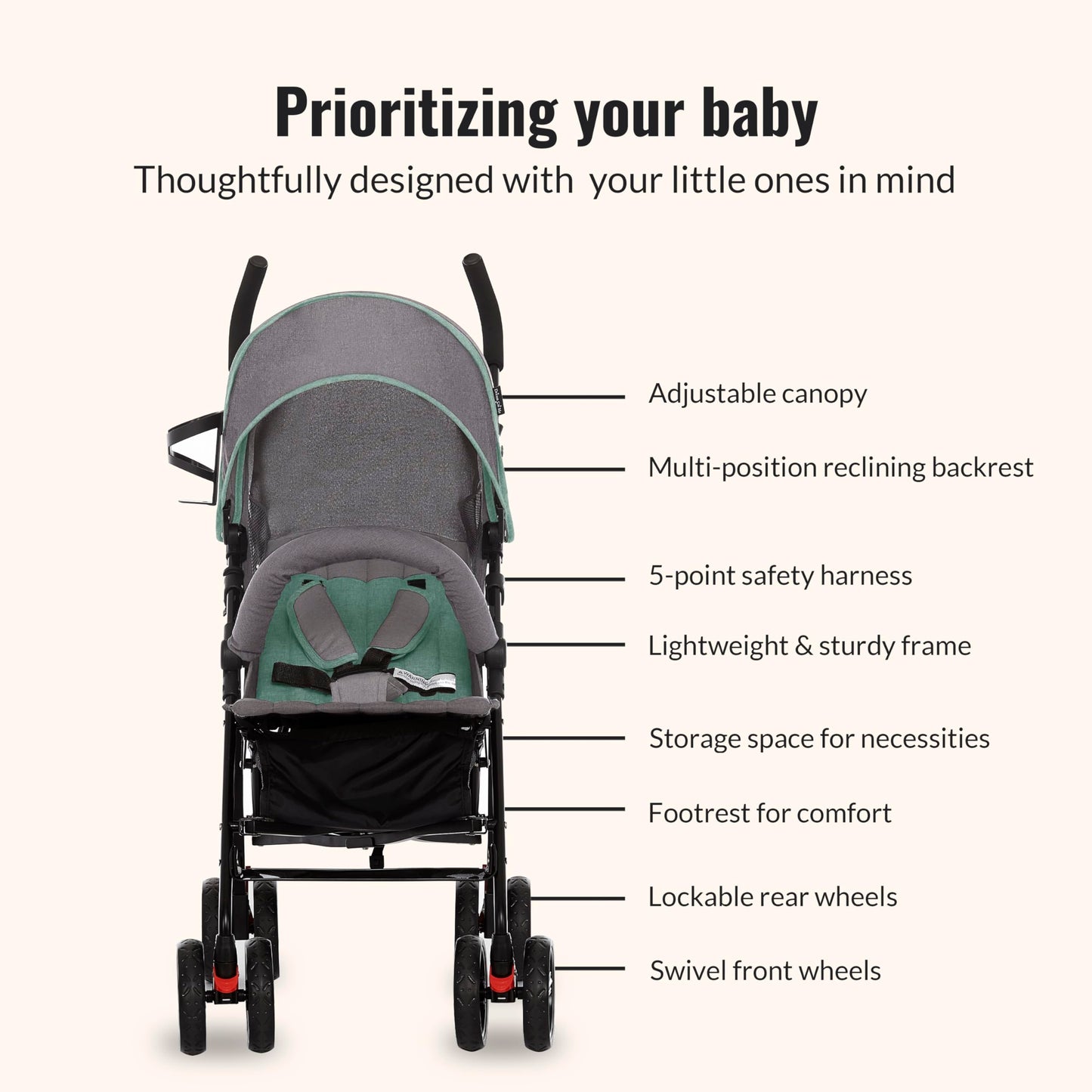 Dream On Me Vista Moonwalk Baby Stroller, Lightweight Travel Umbrella Stroller with Compact Fold, Smooth Ride Wheels, Multi-Position Recline, Spacious Storage Basket with Cup Holder, Light Gray