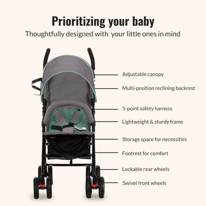 Dream On Me Vista Moonwalk Baby Stroller, Lightweight Travel Umbrella Stroller with Compact Fold, Smooth Ride Wheels, Multi-Position Recline, Spacious Storage Basket with Cup Holder, Light Gray