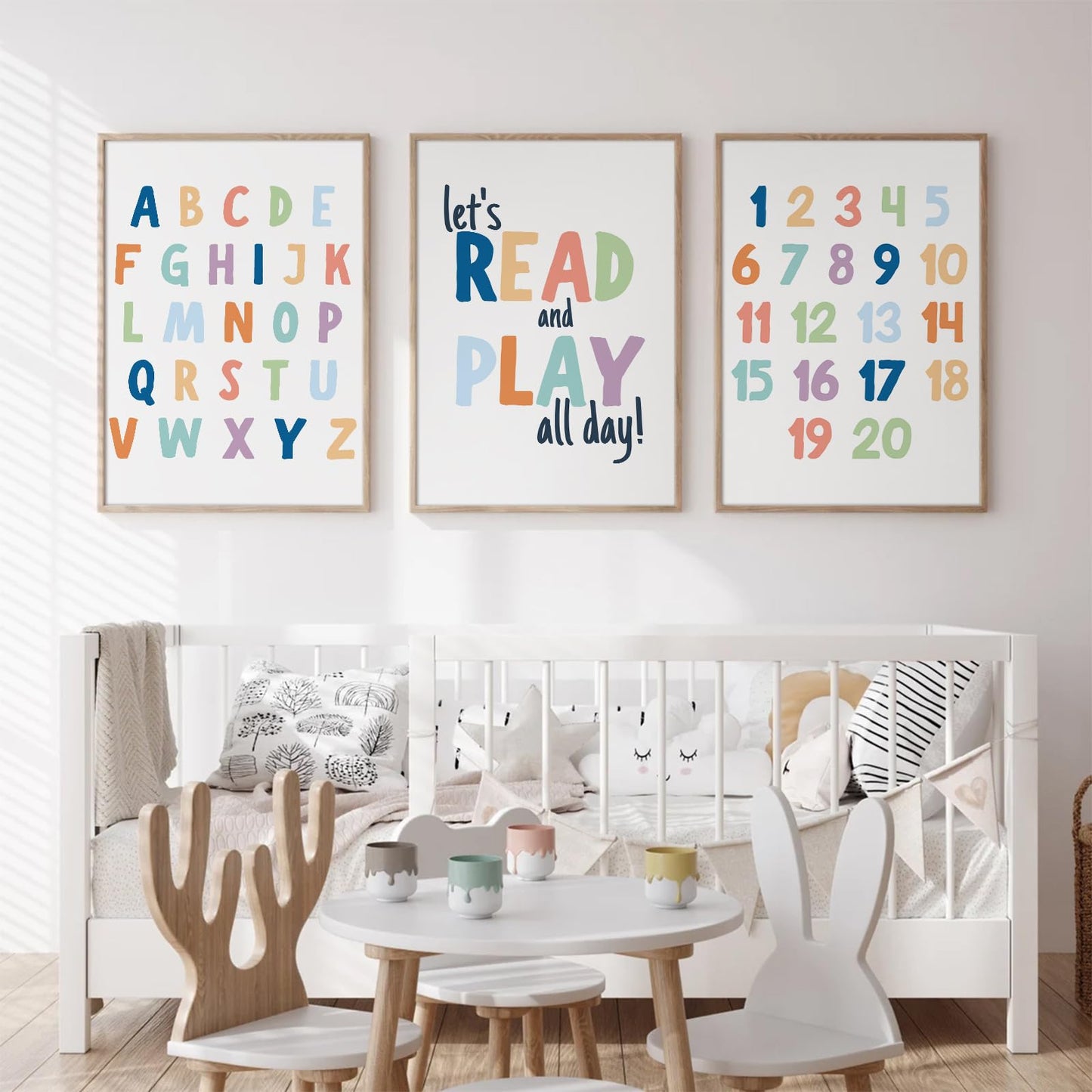 Kids Playroom Wall Art Decor Nursery ABC Alphabet Poster Play Room Canvas Wall Decor Toddler Childrens Educational Artwork Numbers Shapes Prints ABC Picture for Playroom 12x16 Inch Unframed Set of 3
