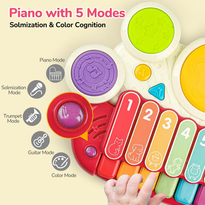 Baby Piano Drum Set for Toddlers 1-3, Musical Toys 3 In 1 Baby DJ Table Piano Keyboard Xylophone Instruments for 1 2 Year Old Boys Girls Music & Light Activity Table 6-12-18 Months Old Birthday Gifts
