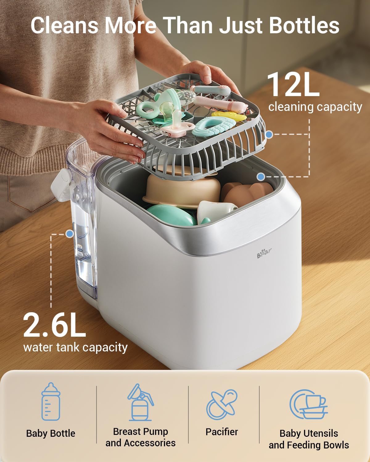 Bear Bottle Washer Pro, Baby Bottle Washer and Sterilizer and Dryer - All in One Machine for Bottles, Pump Parts & Baby Essentials with 90 Detergent Tablets - Effortless, Time-Saving