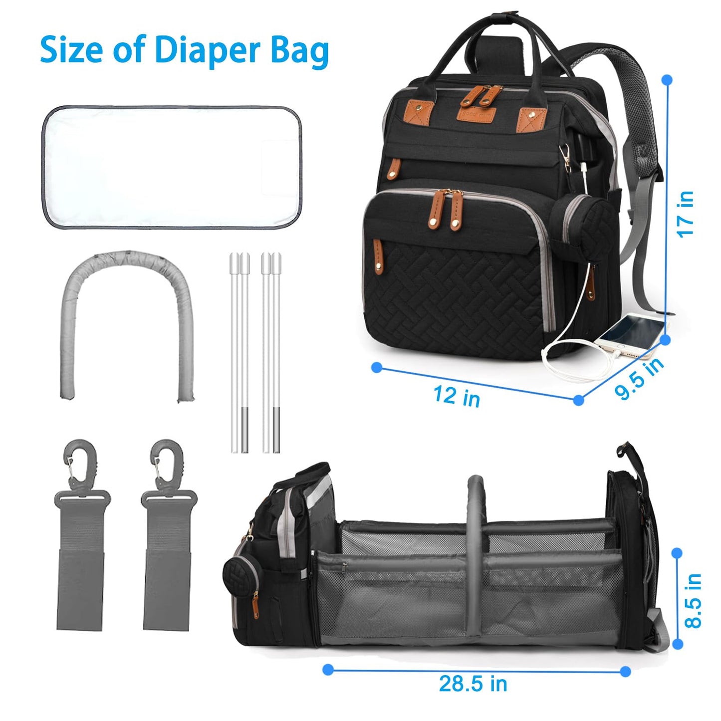 Jeryswet Baby Diaper Bags with Changing Station, Waterproof Large Capacity Diaper Bag Backpack for Moms Dads with USB Charging Port and Stroller Straps, Baby Shower Gifts, Grey