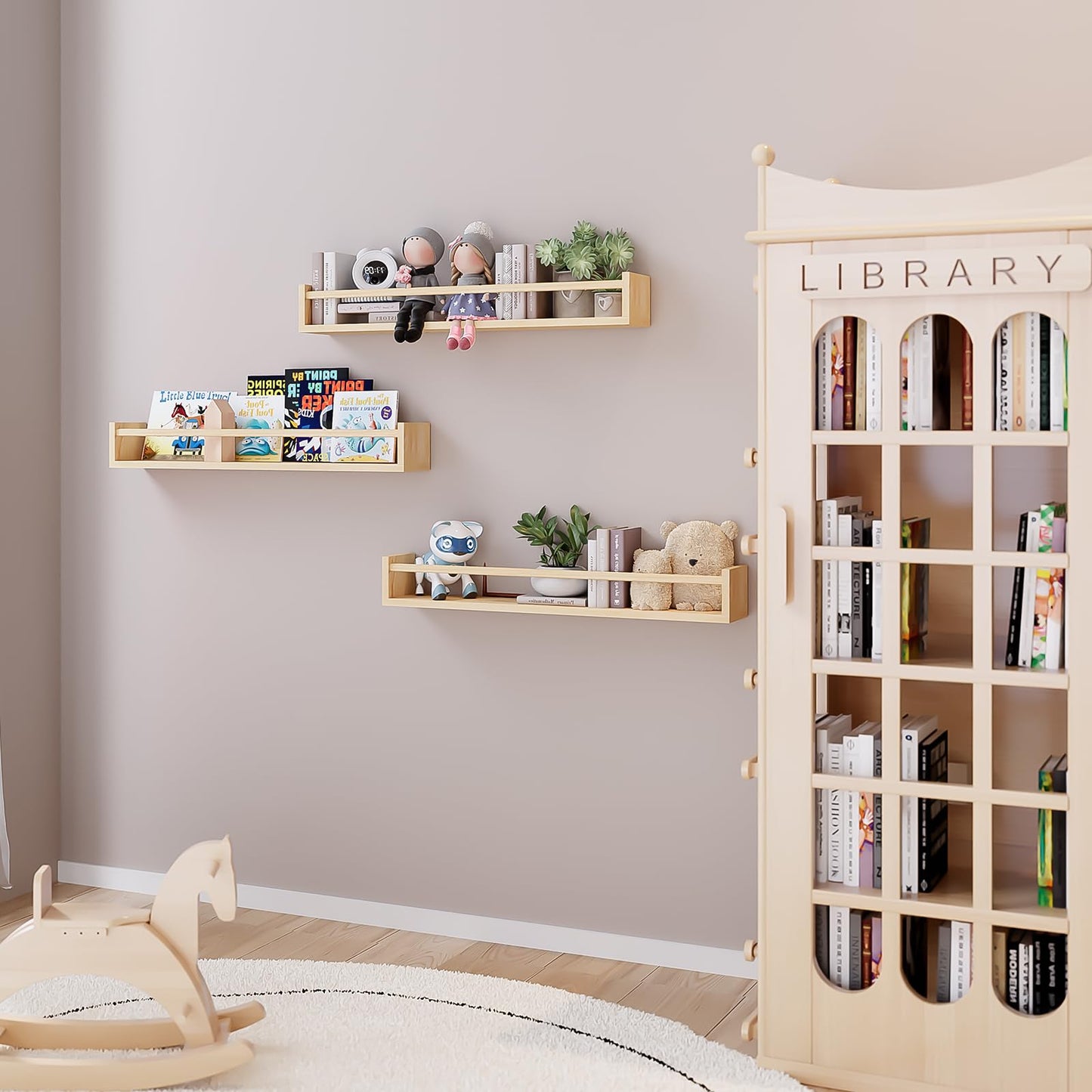 Fixwal Nursery Book Shelves, 16.5 Inch Floating Bookshelves for Wall Set of 3, Baby Nursery Decor, Solid Wood Wall Mounted Shelves for Books, Toys and Decor Storage (Brown)