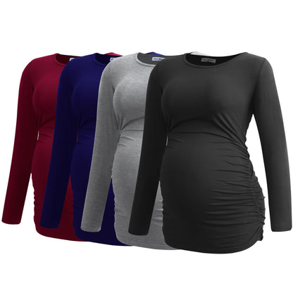 Smallshow Women's 4 Pack Maternity Shirts Long Sleeve Ruched Pregnancy Clothes Tops