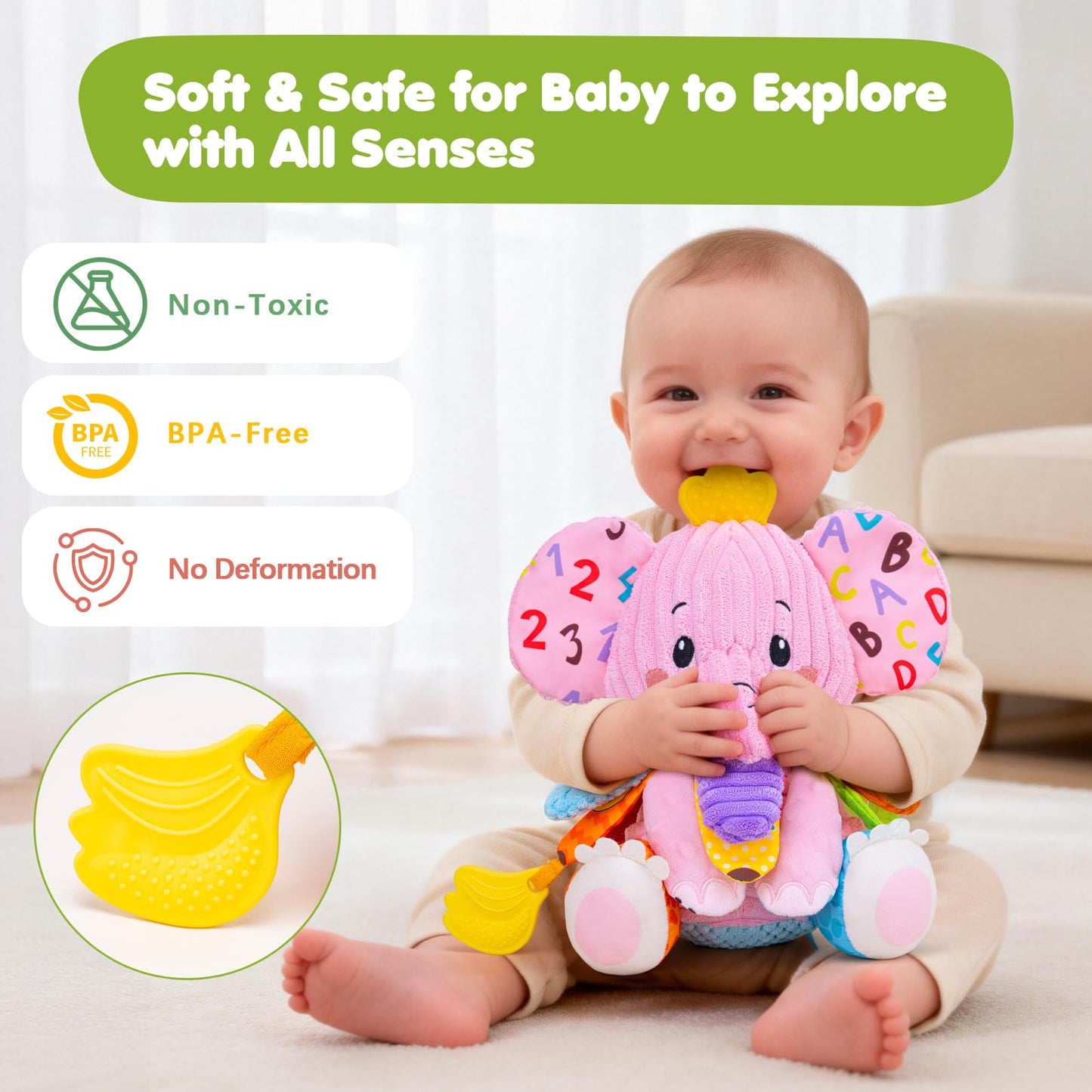 Baby Toys 3-6 Months, Musical Stuffed Elephant Toddler Toy for Newborn Infant 3 6 9 12 Months, Tummy Time Toys Montessori Sensory Toys 0-6 6-12 Months, Crinkle Paper, Mirror Soothing Music Shower Gift