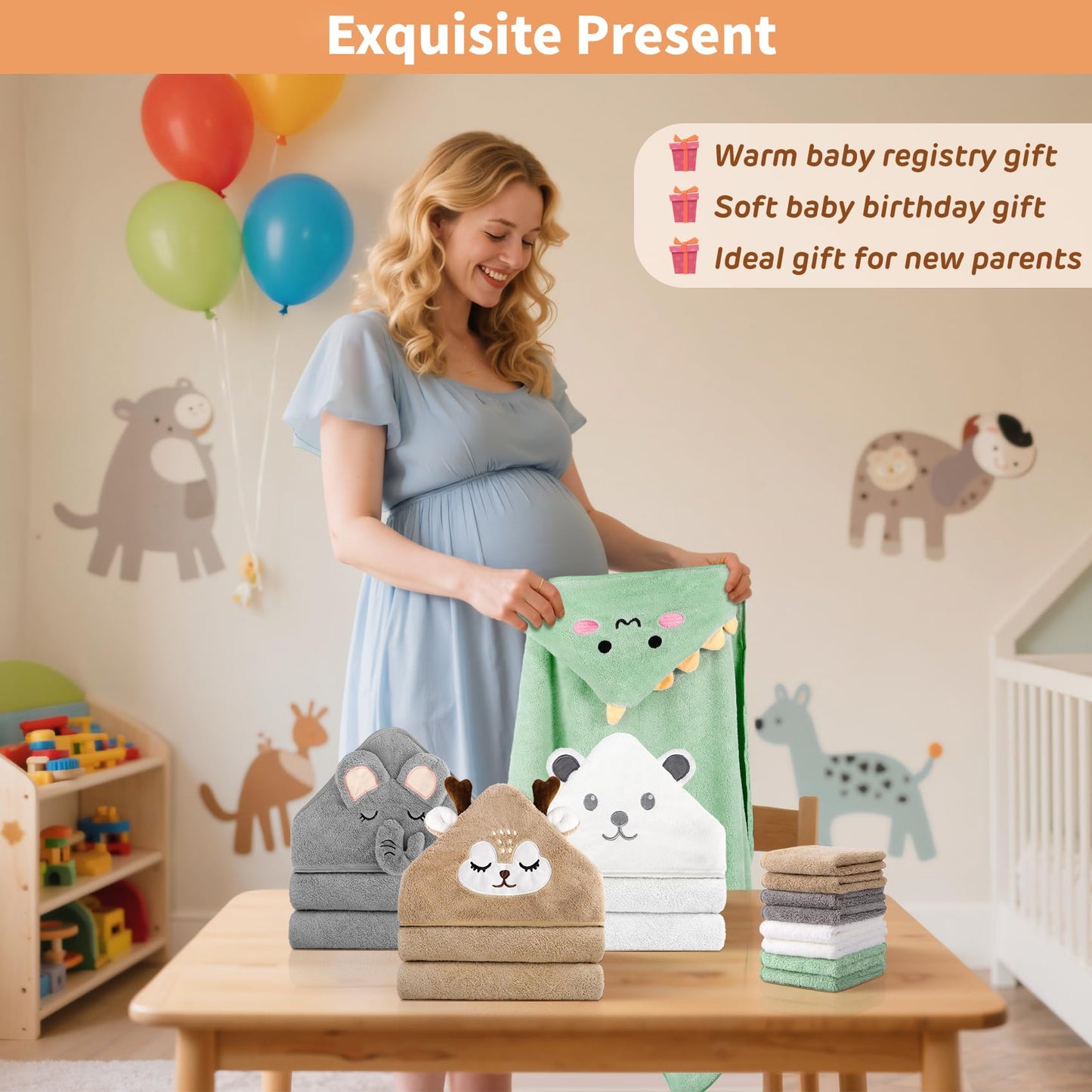 12 PCS Baby Bath Towels Set for Infants Toddlers, 4 PCS Animal Hooded Baby Towels & 8 PCS Washcloths Set, Ultra Absorbent Cute Soft Newborn Bath Essentials Gifts for Boys & Girls