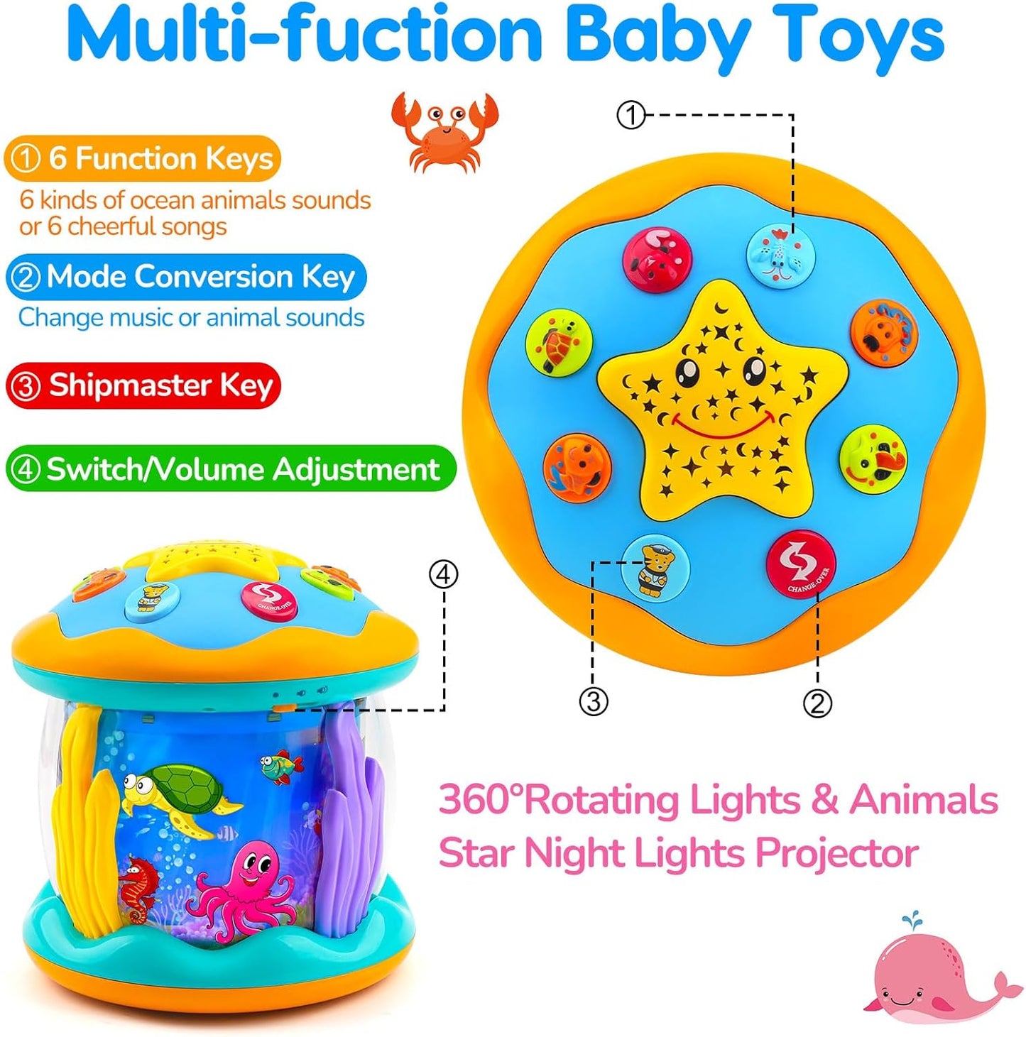 Baby Toys 6-12 Months Ocean Projector Rotating Musical Light Up Tummy Time Toys for Infant 0-6 3-6 Months Baby Aquarium Crawling Toys 4 5 6 7 8 9 12-18 Months Boy Girl 1 Year Old Birthday Shower Gifts