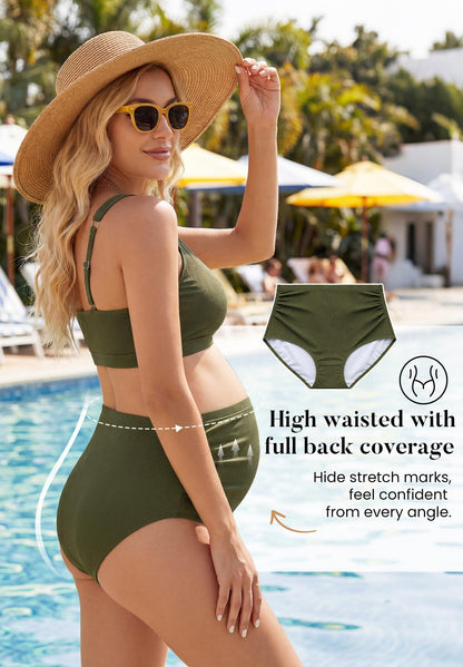 Zando High Waist Maternity Swimsuit Two Piece Pregnancy Swimwear Bikini Bathing Suits for Women Maternity Swimsuits