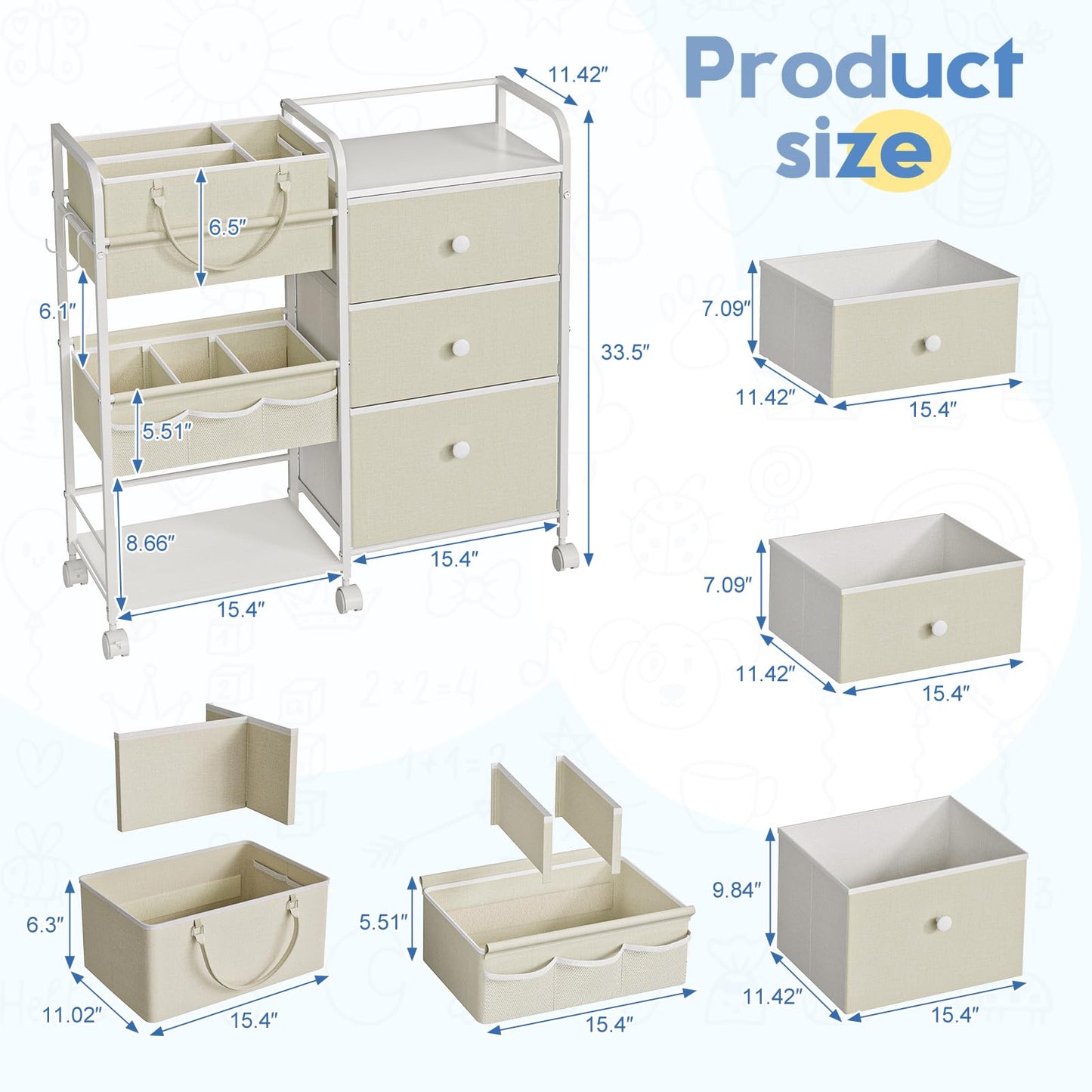 Cidaziya 2In1 Baby Diaper Caddy Organizers and Storage, 3 Tier Rolling Cart with Dividers and Drawers, Mobile Utility Cart Baby Dresser Clothes Organizer for Changing Table, Crib Nursery, Bedroom