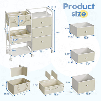 Cidaziya 2In1 Baby Diaper Caddy Organizers and Storage, 3 Tier Rolling Cart with Dividers and Drawers, Mobile Utility Cart Baby Dresser Clothes Organizer for Changing Table, Crib Nursery, Bedroom