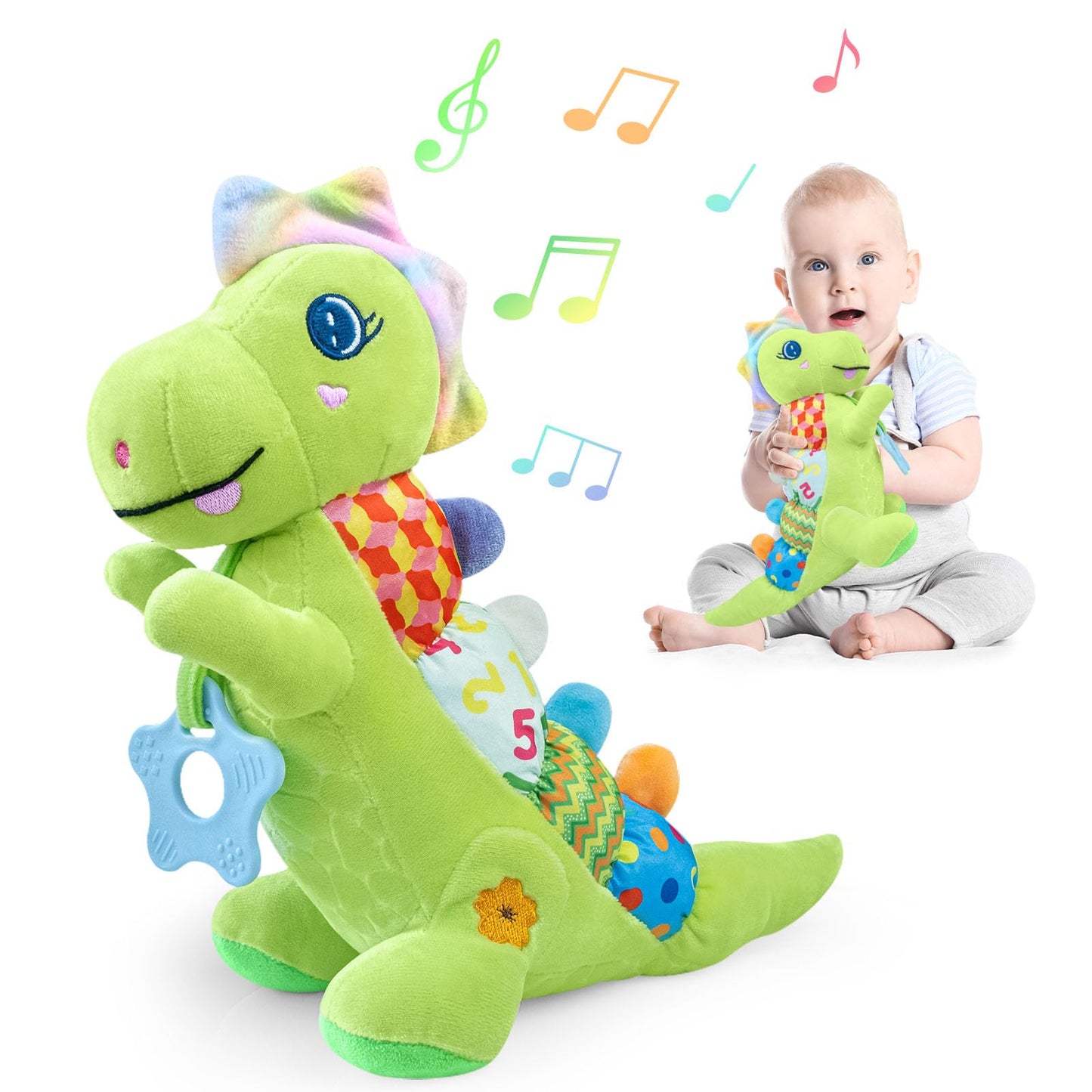 Baby Dino Plush Soft Stuffed Animal Toy for 0-3-6-12+ Months,Infant Musical Toy with Rattle,Squeaker,Sensory Crinkle,Teether & Textures,Tummy Time Toys Christmas Baby Gift for Newborn Girl Boy (Blue)