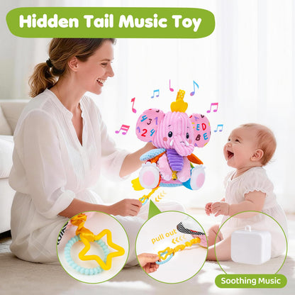 Baby Toys 3-6 Months, Musical Stuffed Elephant Toddler Toy for Newborn Infant 3 6 9 12 Months, Tummy Time Toys Montessori Sensory Toys 0-6 6-12 Months, Crinkle Paper, Mirror Soothing Music Shower Gift