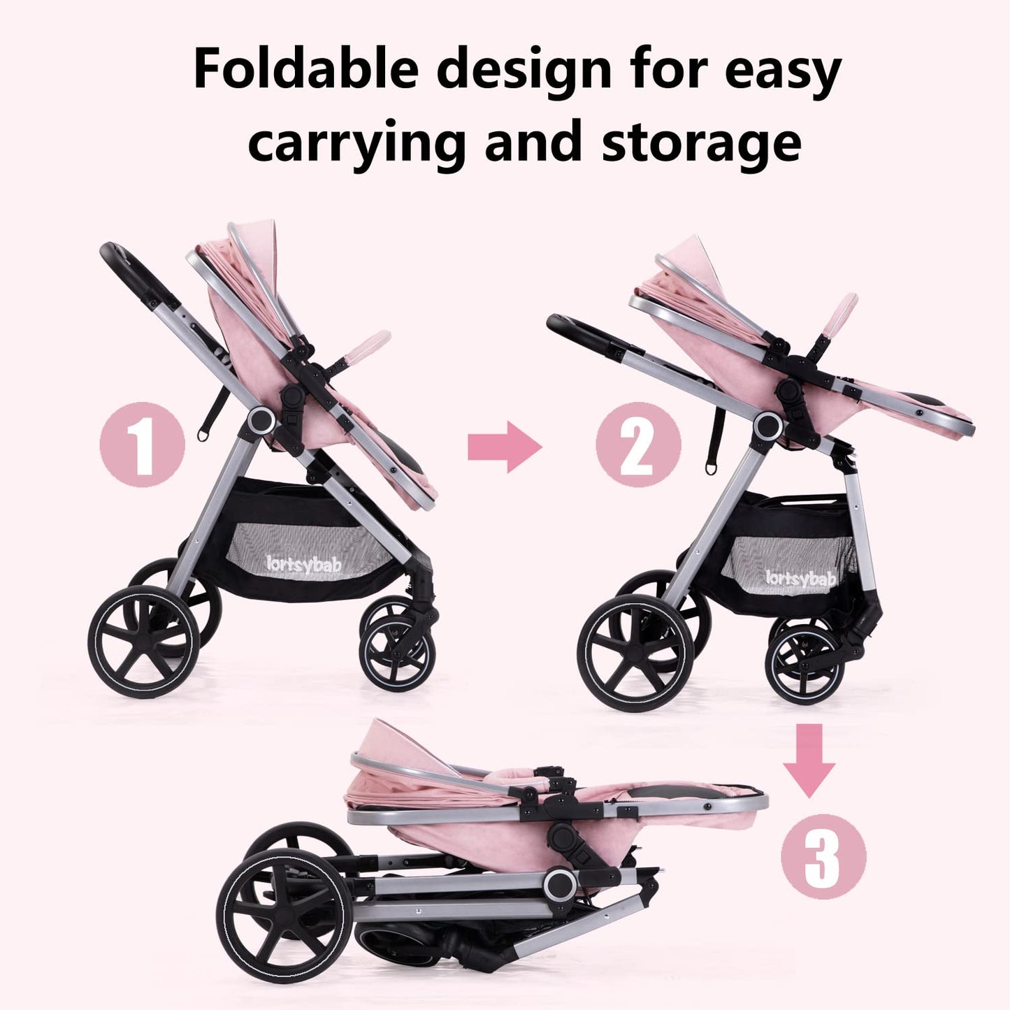 Lortsybab 2-in-1 Baby Stroller - Folding Infant Newborn Pram Stroller with Reversible Seat - Toddler Strollers for 0-36 Months Old Babies (Beige)