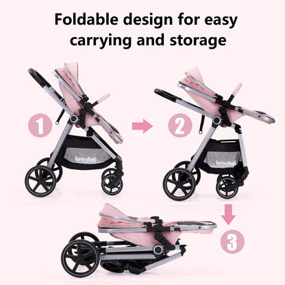 Lortsybab 2-in-1 Baby Stroller - Folding Infant Newborn Pram Stroller with Reversible Seat - Toddler Strollers for 0-36 Months Old Babies (Beige)