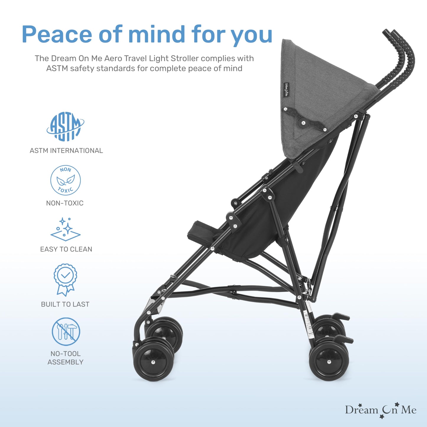 Dream On Me Aero Travel Umbrella Stroller, One-Hand Quick Fold, 3-Point Safety Harness, Dual Brakes, Adjustable Removable Canopy, Lightweight Compact & Space-Saving for Infants and Toddlers – Black