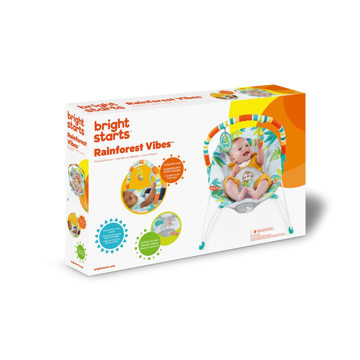 Bright Starts Baby Bouncer Soothing Vibrations Infant Seat - Removable -Toy Bar, Nonslip Feet, 0-6 Months Up to 20 lbs (Safari Fun)