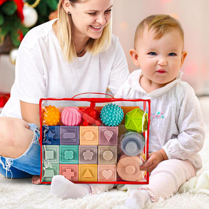 SpringFlower 3 in 1 Montessori Toys for Babies 0-3-6-12 Months, Soft Baby Teething, Stacking Building Blocks for Infants, Sensory Developmental Education Toys for Toddler Baby 12-18 Months,22 PCS