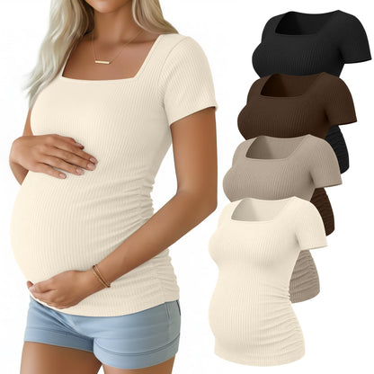 Huukeay 4 Pack Women's Maternity Shirts Cotton Ribbed Short Sleeve Square Neck Pregnancy Tops Side Ruched Summer Tee