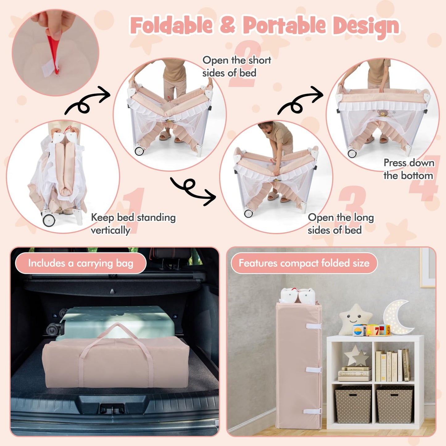 BABY JOY 4 in 1 Pack and Play with Canopy, Portable Baby Playard with Bassinet, Double-Layer Baby Crib, Wheels & Brake, Foldable Baby Girl Pink Princess Bassinet from Newborn to Toddler