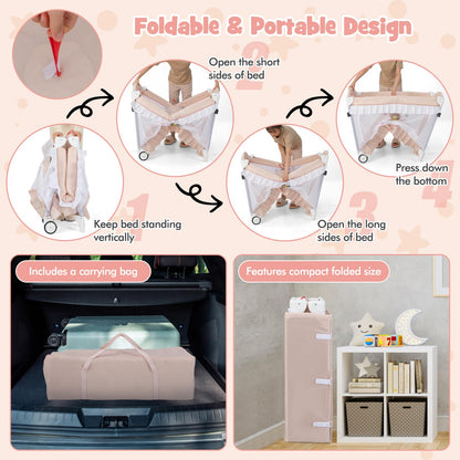BABY JOY 4 in 1 Pack and Play with Canopy, Portable Baby Playard with Bassinet, Double-Layer Baby Crib, Wheels & Brake, Foldable Baby Girl Pink Princess Bassinet from Newborn to Toddler