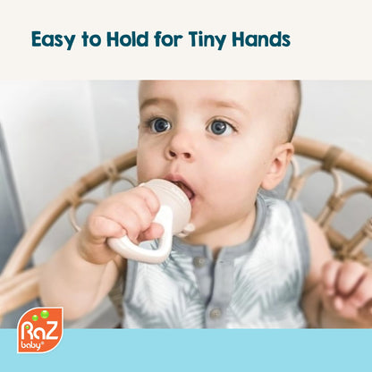 RaZbaby Baby Solids/Frozen Fruit Feeder Pacifier, Infant Teether Toy 6M+, BPA-Free, Safely Introduce Solids, Natural Teething Relief, Dishwasher Safe, Freezable – Blue & Orange 2-Pack