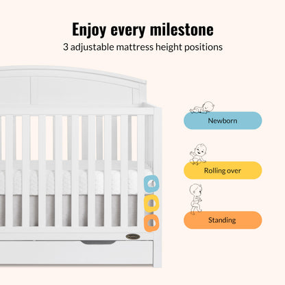 Dream On Me Storybrooke 5-in-1 Convertible Full-Size Crib with Under Drawer, White, GreenGuard Gold & JPMA, Convert to Toddler, Day & Full-Size Bed, 3 Mattress Heights, Sustainable Pinewood