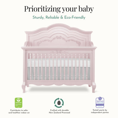Evolur Aurora 5-in-1 Convertible Full-Size Baby Crib in Ivory Lace, GreenGuard Gold & JPMA, 3 Mattress HeightsRibbon Bow Scrollwork & Queen Anne Feet, Converts to Toddler, Day & Full-Size Bed