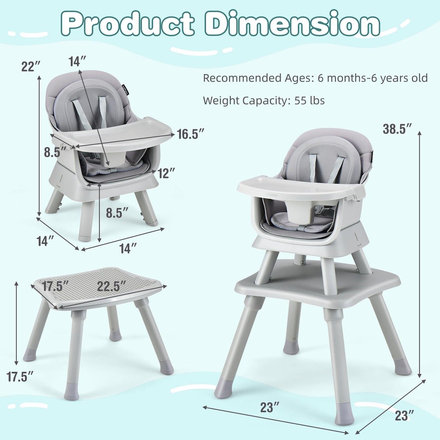 HONEY JOY 8 in 1 Baby High Chair, Convertible Highchair for Babies and Toddlers/Table and Chair Set/Building Block Table/Booster Seat/Stool/Toddler Chair with Safety Harness (Wave Gray)