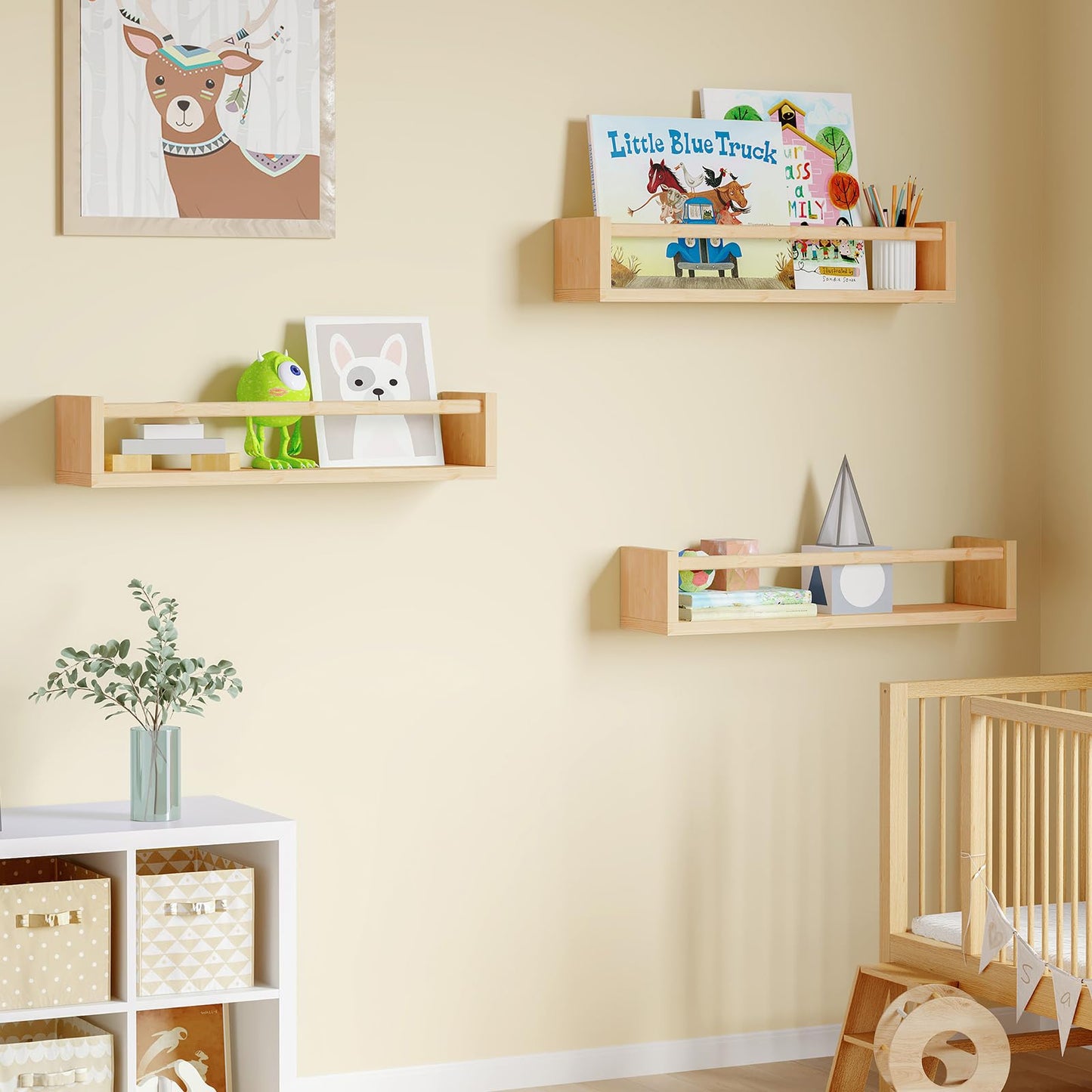 Fixwal Nursery Book Shelves, 16.5 Inch Floating Bookshelves for Wall Set of 3, Baby Nursery Decor, Solid Wood Wall Mounted Shelves for Books, Toys and Decor Storage (Brown)