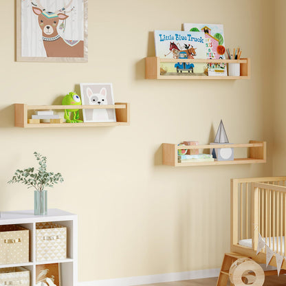 Fixwal Nursery Book Shelves, 16.5 Inch Floating Bookshelves for Wall Set of 3, Baby Nursery Decor, Solid Wood Wall Mounted Shelves for Books, Toys and Decor Storage (Brown)