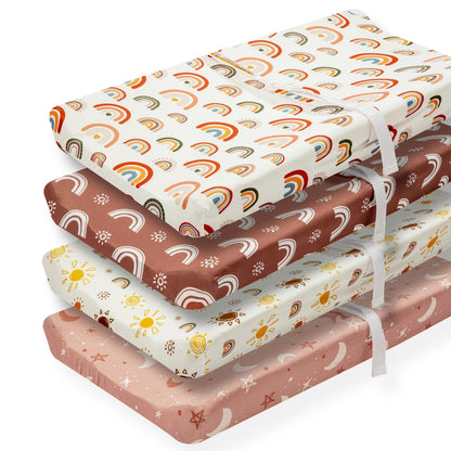4 Pack Crib Sheets Boho Nursery Sheets Sunshine and Rainbow Desdign Neutral Unisex Fitted Baby Standard Crib Sheets for Baby Boys or Girls (Crib Sheets)