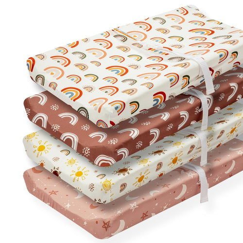 4 Pack Crib Sheets Boho Nursery Sheets Sunshine and Rainbow Desdign Neutral Unisex Fitted Baby Standard Crib Sheets for Baby Boys or Girls (Crib Sheets)