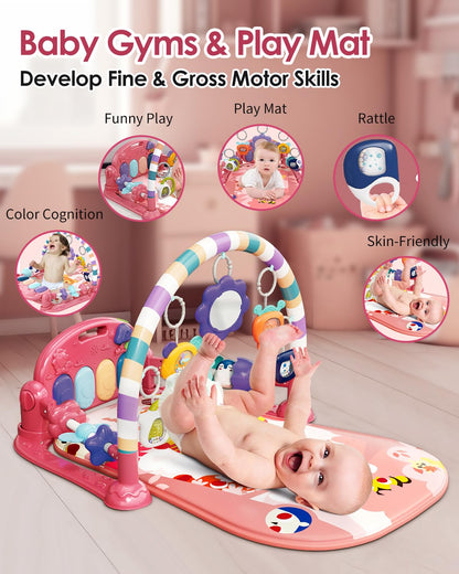 dearlomum Baby Play Mat Gym, Funny Play Piano Tummy Time Activity Mat with 5 Infant Sensory Toys, Music and Lights, Boy & Girl Gifts for Newborns 0 to 3 6 9 12 Months (Pink)
