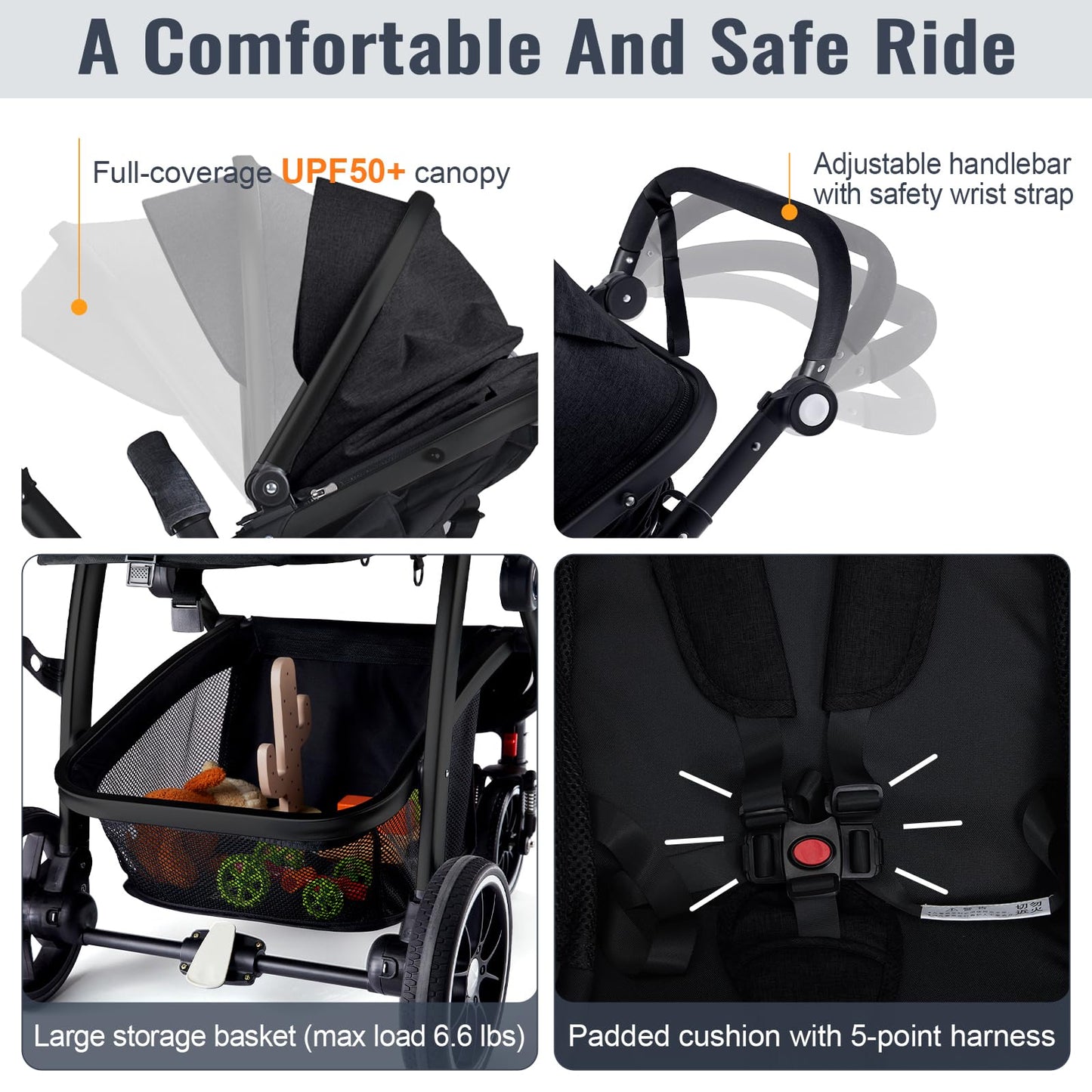 Hagaday Baby Stroller, 2-in-1 Reversible Toddler Seat with Bassinet Mode, Foldable Infant Stroller with Canopy, One Button Brake, Adjustable Handle, Newborn Pushchair(Blue)