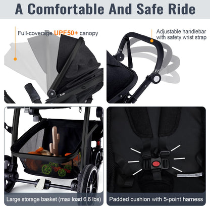 Hagaday Baby Stroller, 2-in-1 Reversible Toddler Seat with Bassinet Mode, Foldable Infant Stroller with Canopy, One Button Brake, Adjustable Handle, Newborn Pushchair(Blue)