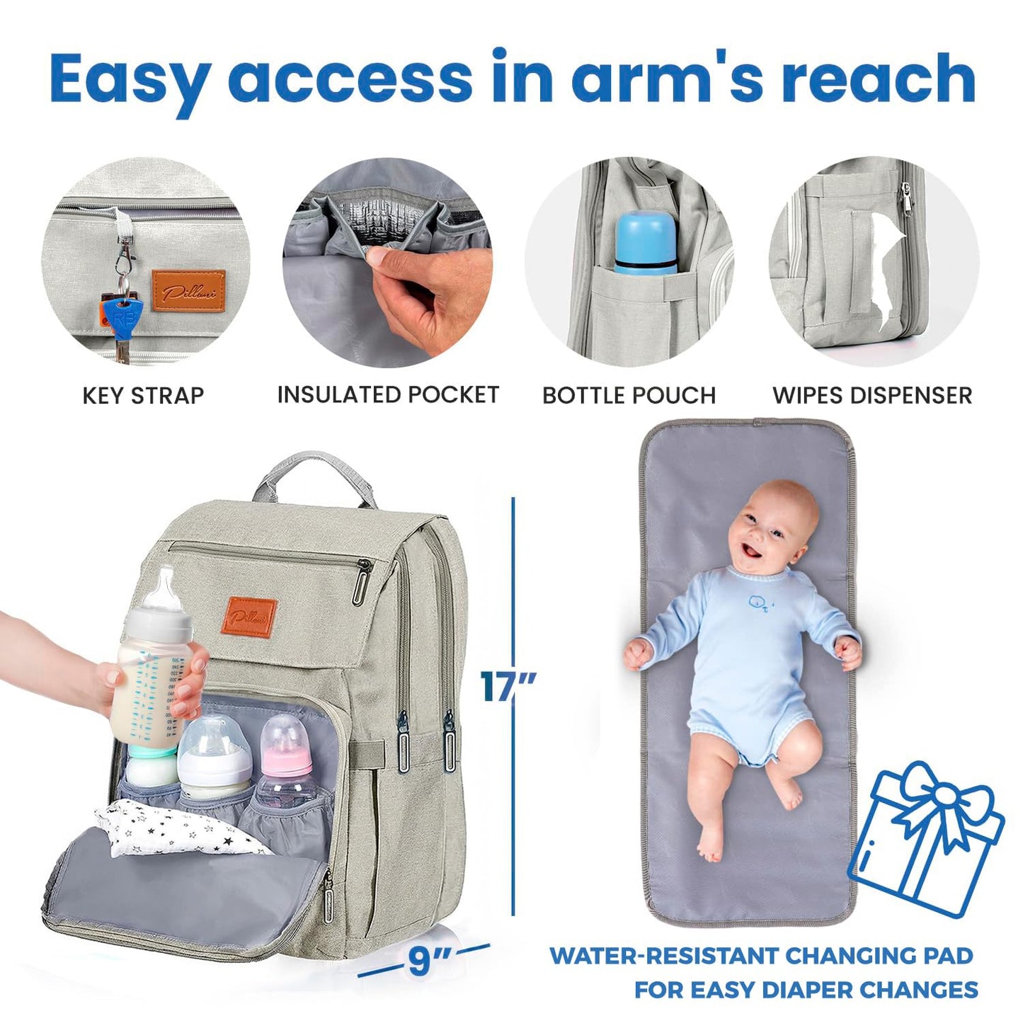 PILLANI Baby Diaper Bag Backpack - Baby Bag for Girls & Boys, Large Waterproof Toddler Diaper Backpack - Baby Shower Gifts & Registry Must Haves - Travel Diaper Bags with Changing Pad - Newborn Stuff