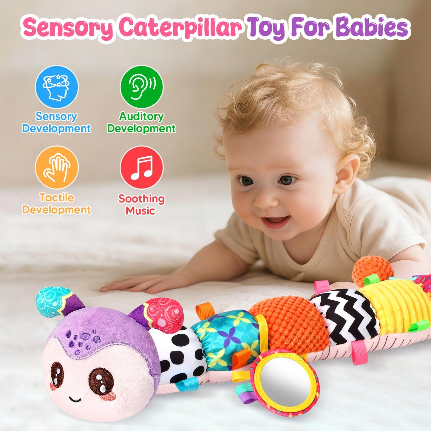 Baby Sensory Toys for 0-6 6-12 Months, Musical Stuffed Caterpillar Animal Toys for Infant 3 6 9 12 18 Months, Tummy Time Toys with Mirror Rattle Crinkle for Newborn Boys Girls Shower Gifts