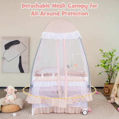 BABY JOY 4 in 1 Pack and Play with Canopy, Portable Baby Playard with Bassinet, Double-Layer Baby Crib, Wheels & Brake, Foldable Baby Girl Pink Princess Bassinet from Newborn to Toddler