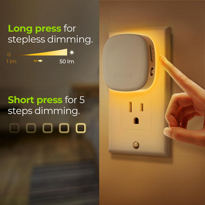 AUVON Plug-in LED Backlit Night Light with Motion Sensor & Dusk to Dawn Sensor, Dimmable Warm White Nightlight with 1-50 lm Adjustable Brightness for Bedroom, Bathroom, Stairs, Hallway (4 Pack)