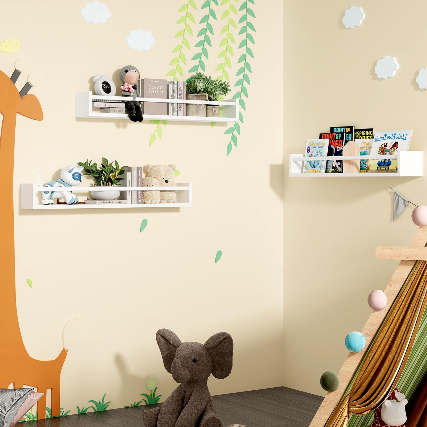Fixwal Nursery Book Shelves, 16.5 Inch Floating Bookshelves for Wall Set of 3, Baby Nursery Decor, Solid Wood Wall Mounted Shelves for Books, Toys and Decor Storage (Brown)