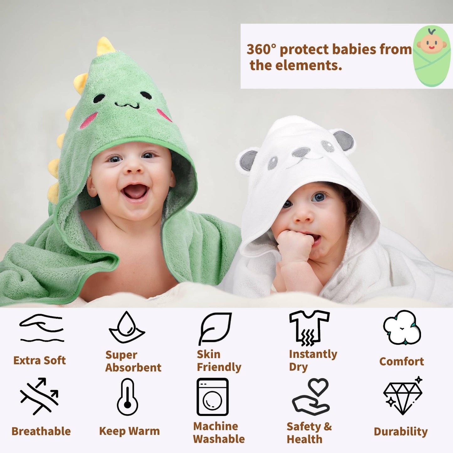 12 PCS Baby Bath Towels Set for Infants Toddlers, 4 PCS Animal Hooded Baby Towels & 8 PCS Washcloths Set, Ultra Absorbent Cute Soft Newborn Bath Essentials Gifts for Boys & Girls