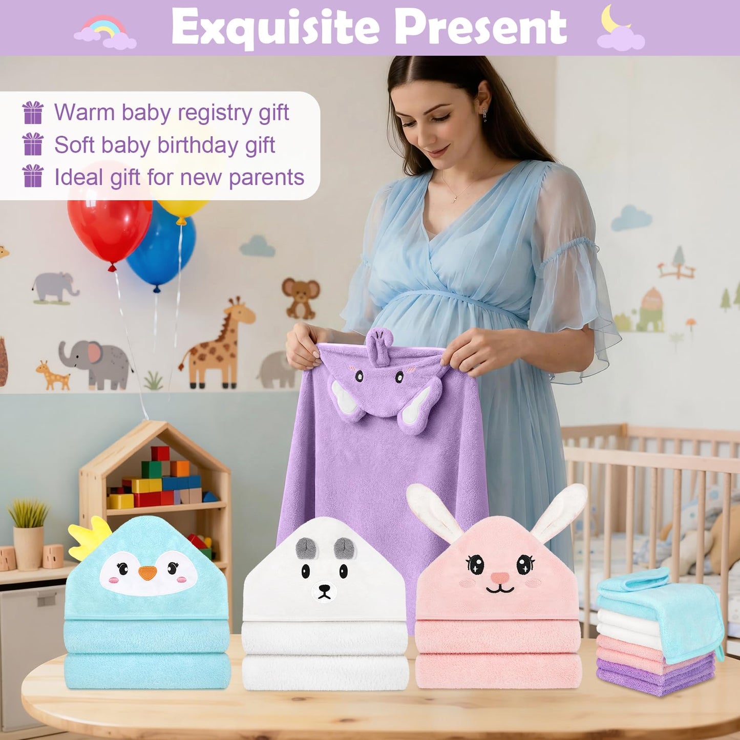 12 PCS Baby Bath Towels Set for Infants Toddlers, 4 PCS Animal Hooded Baby Towels & 8 PCS Washcloths Set, Ultra Absorbent Cute Soft Newborn Bath Essentials Gifts for Boys & Girls