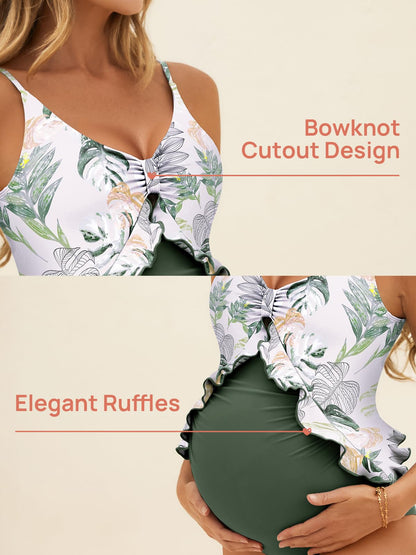 Summer Mae Maternity Swimsuit One Piece Ruffle Cutout Pregnancy Bathing Suit Lace Up Swimwear