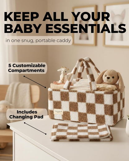 Baby Diaper Caddy Organizer with Portable Changing Mat - Teddy Fleece Diaper Organizer for Changing Table - Basket for Changing Essentials - Baby Essentials Organizer with Removable Dividers