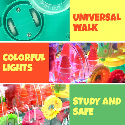 Transparent Sensory Train Toy -Interactive Light up Toys for Kids- Musical Train Toys with LED Light for Toddlers- Colorful Moving Gears- Tummy Time Crawling Baby Toy