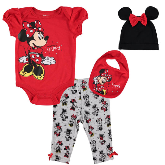 Disney Minnie Mouse Baby Girls Bodysuit Pants Bib and Hat 4 Piece Outfit Set Newborn to Infant