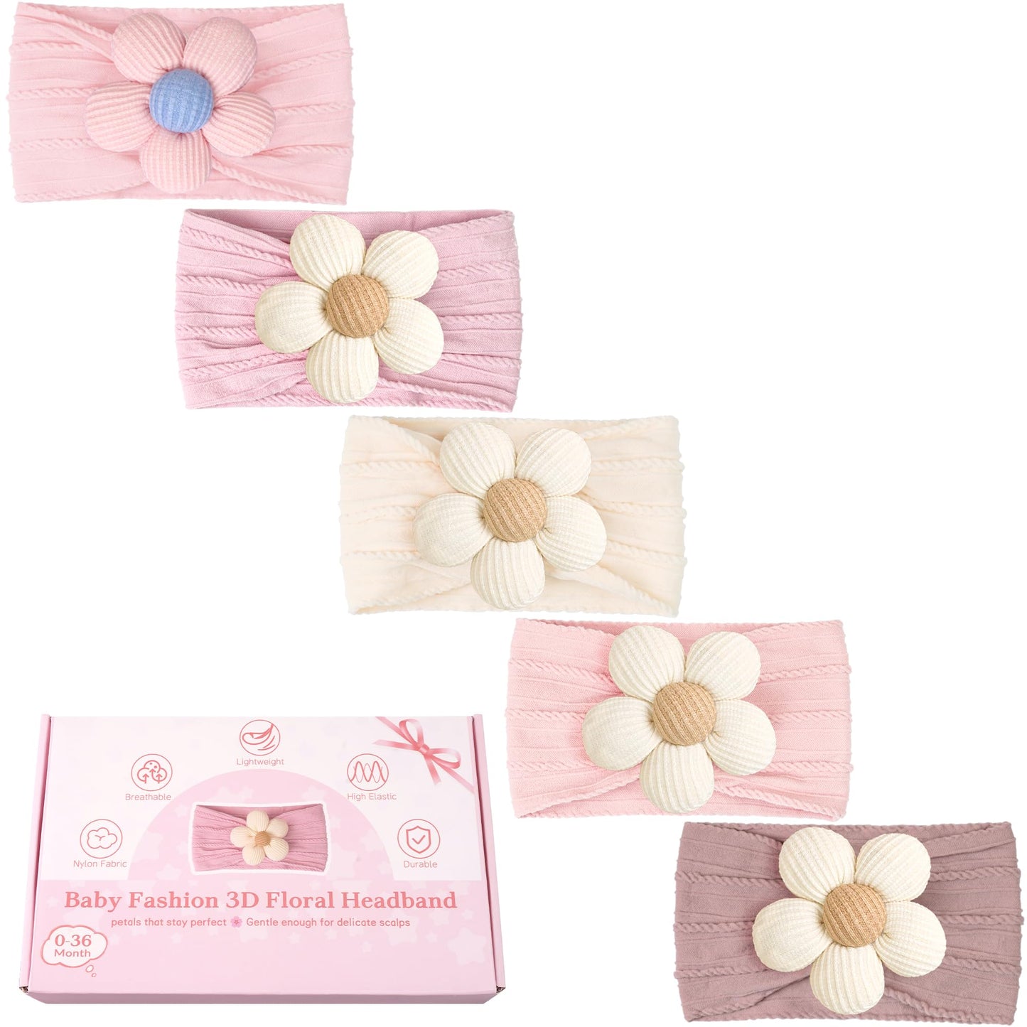 CÉLLOT 5 Pcs Baby Flower Headbands Baby Girls Nylon Headbands Soft Hairbands Hair Accessories for Newborn Infant Toddler Kids