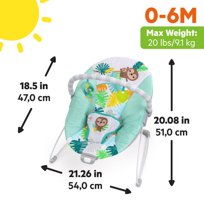 Bright Starts Baby Bouncer Soothing Vibrations Infant Seat - Removable -Toy Bar, Nonslip Feet, 0-6 Months Up to 20 lbs (Safari Fun)