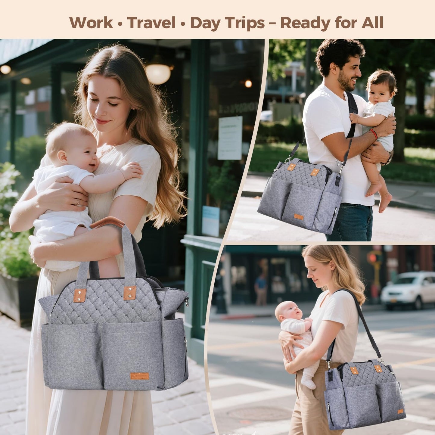 Lekebaby Diaper Bag Tote, 17 Pockets Large Travel Diaper Tote Waterproof with Portable Changing Pad, Mom Crossbody Hospital Bag for Labor Delivery, Baby Essentials for Newborn Gifts, Grey